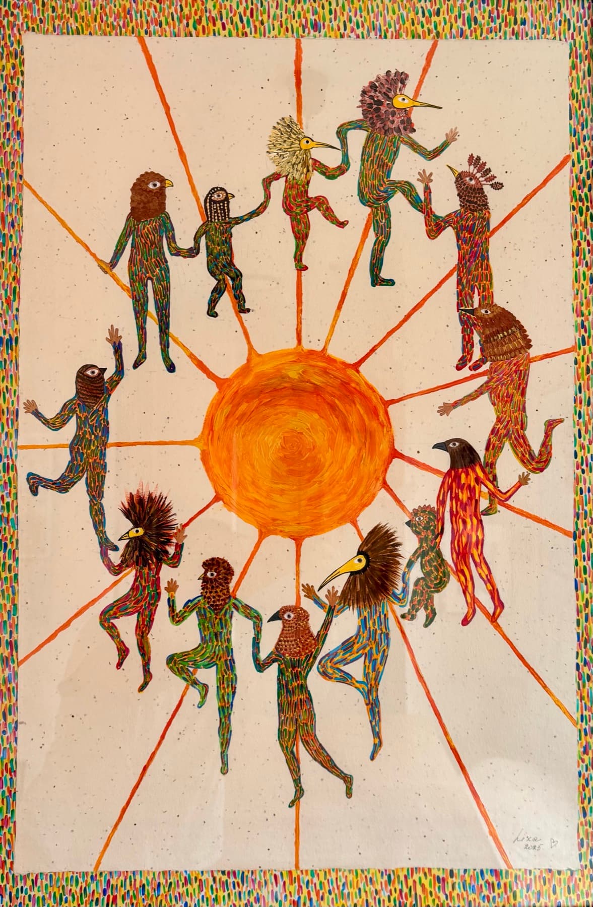 A whimsical illustration of bird-headed figures dancing in a circle around the sun