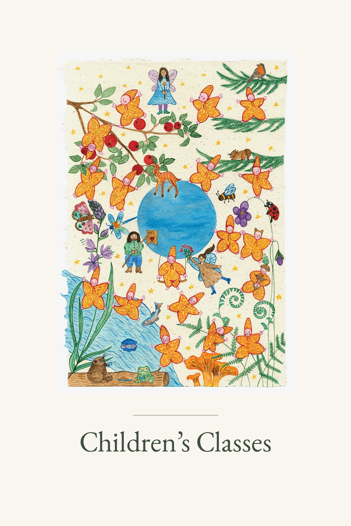 Children's Classes: a whimsical illustration of fairies, flower-folk, and forest animals gathered around a pond