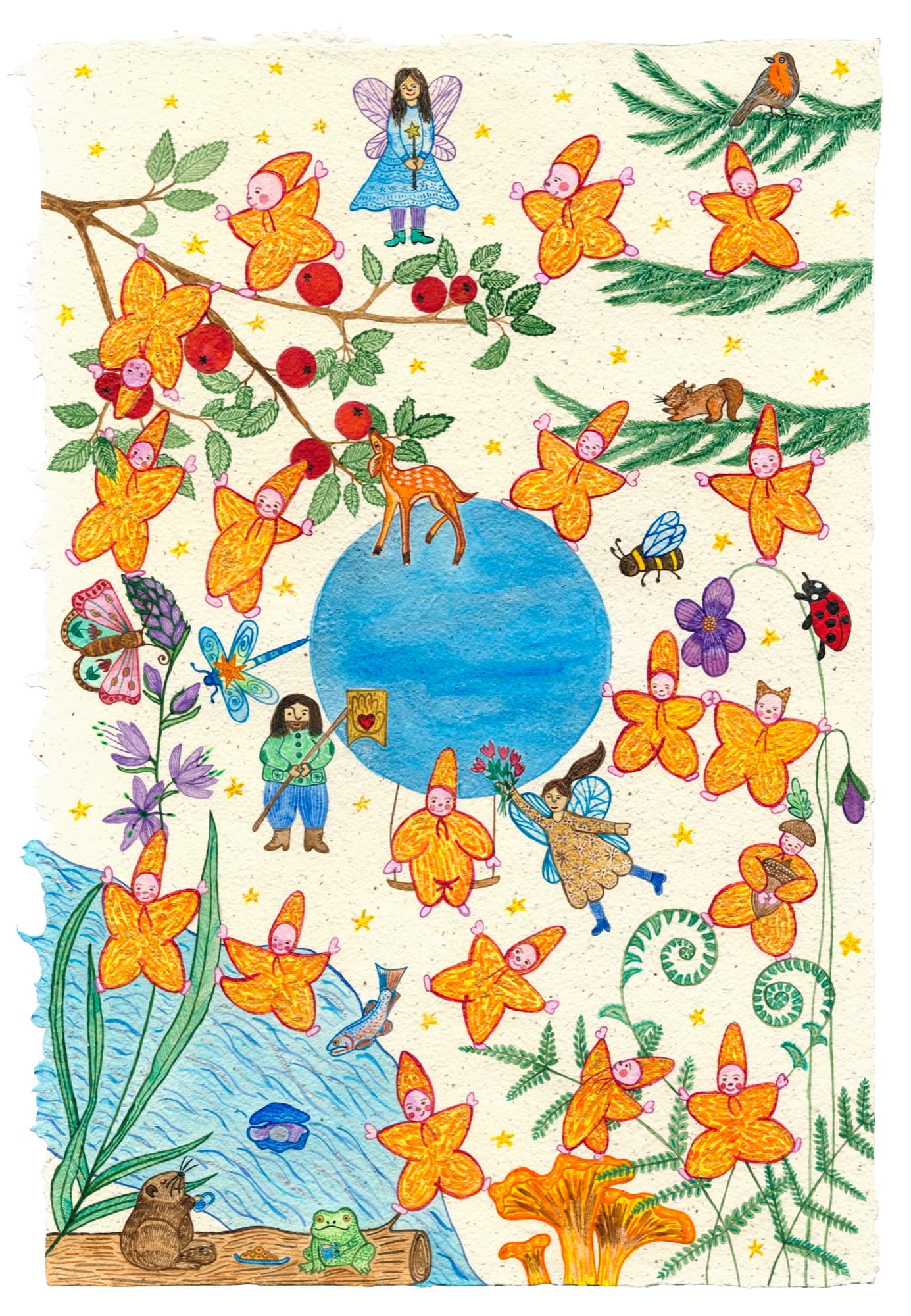A whimsical illustration of fairies, flower-folk, and forest animals gathered around a pond