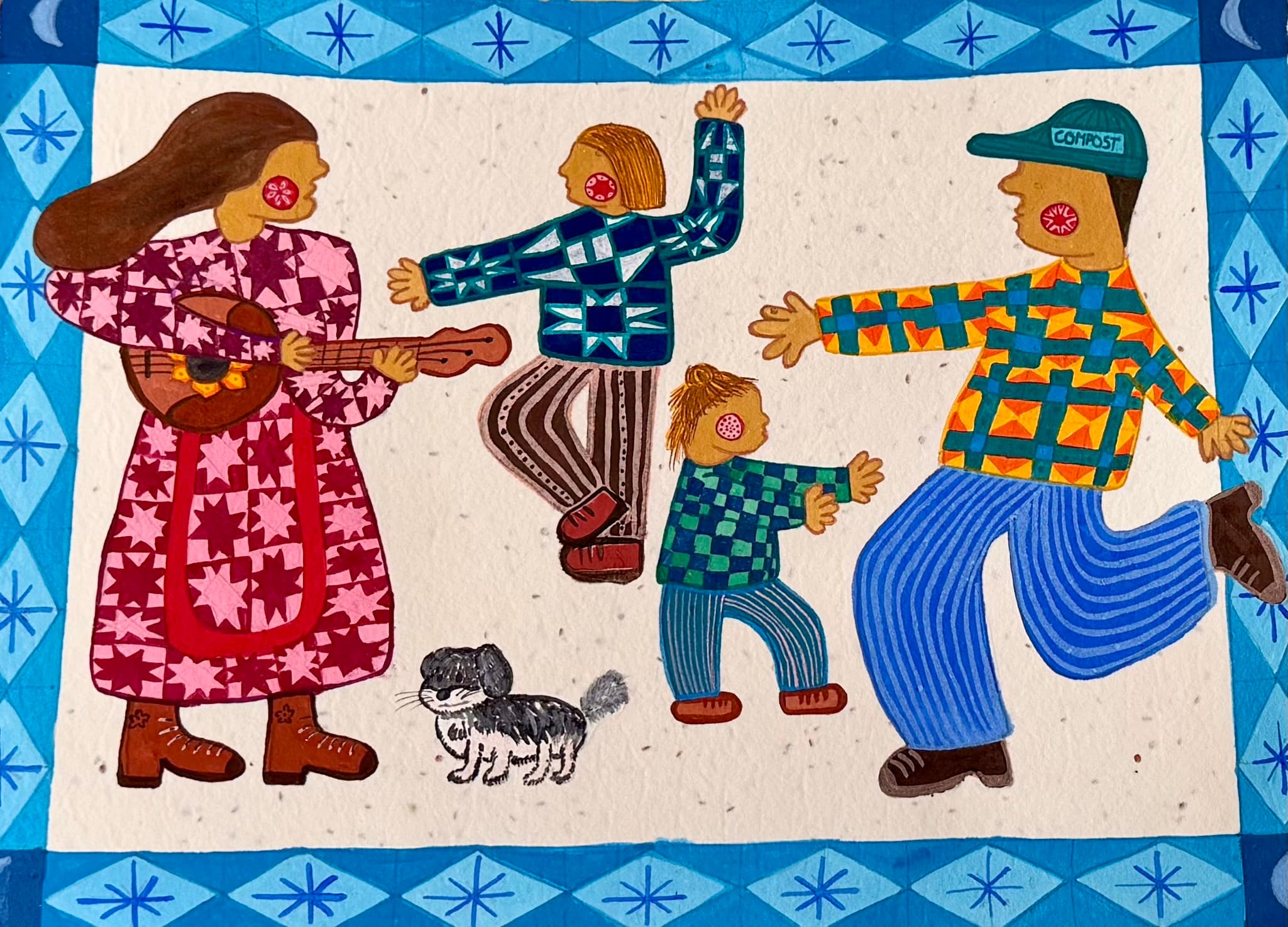 A whimsical folk-art illustration of a family playing music and dancing with their dog
