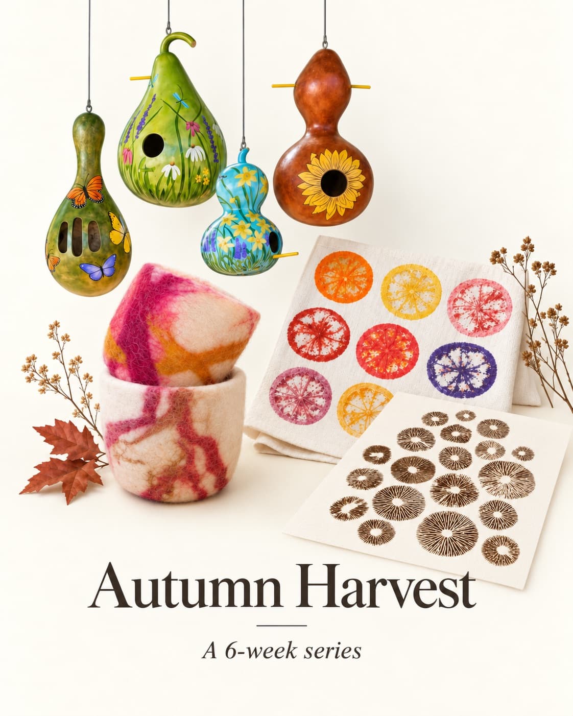 Painted gourd birdhouses, a felted wool bowl, and vegetable-printed and mushroom spore-print cloths, under the words Autumn Harvest, a 6-week series