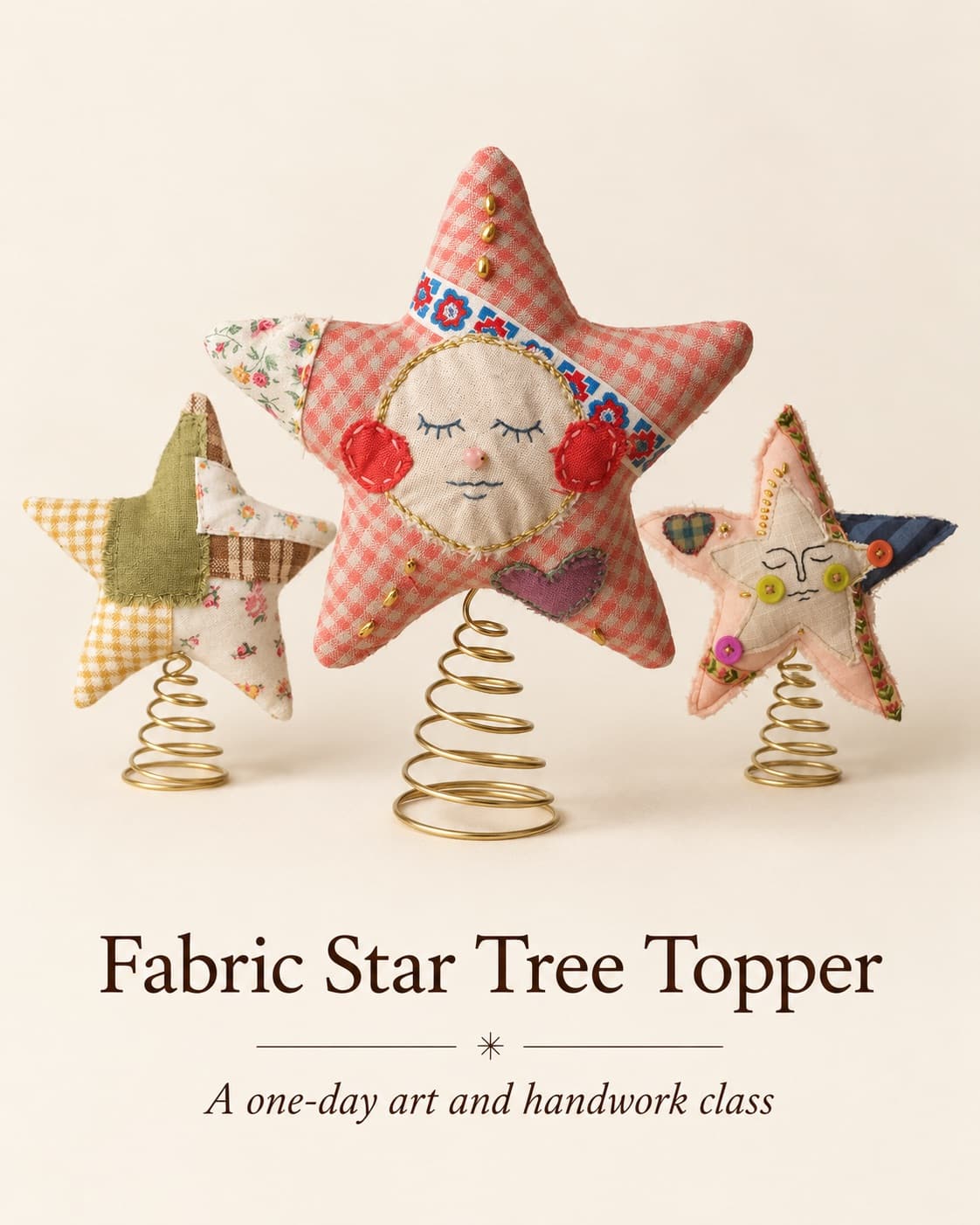 Three patchwork fabric stars with stitched faces, mounted on brass spiral tree toppers