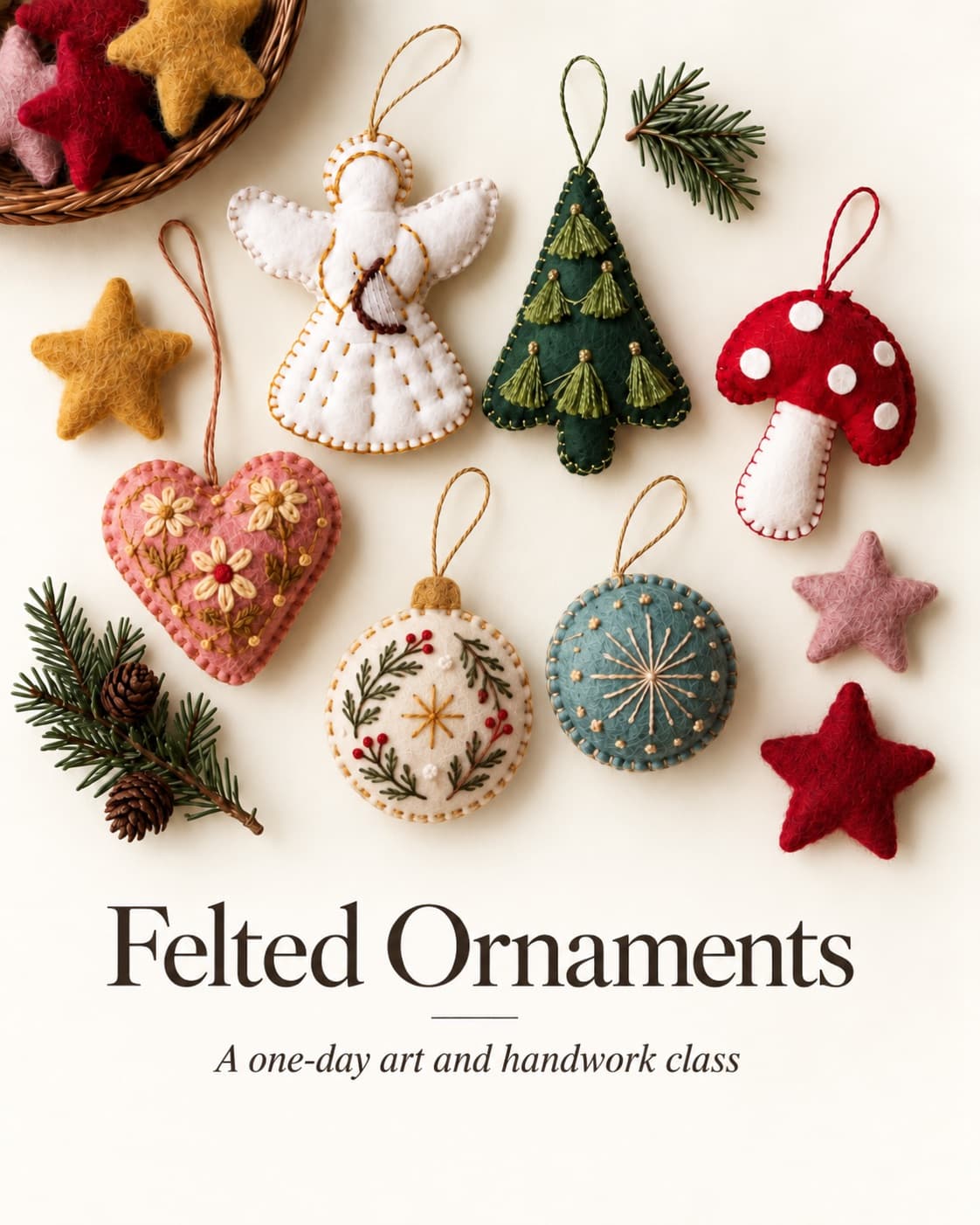 Hand-stitched wool felt ornaments: an angel, a tree, a toadstool, a heart, and embroidered baubles and stars