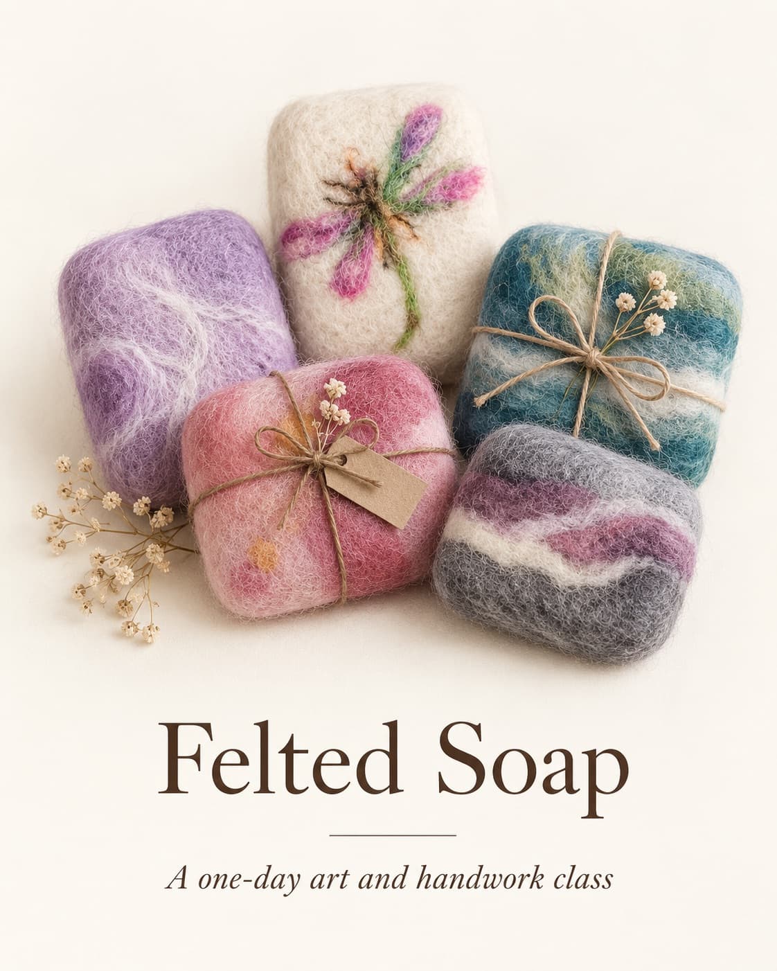 Five bars of soap wrapped in wet-felted wool in purple, cream, pink, teal, and grey