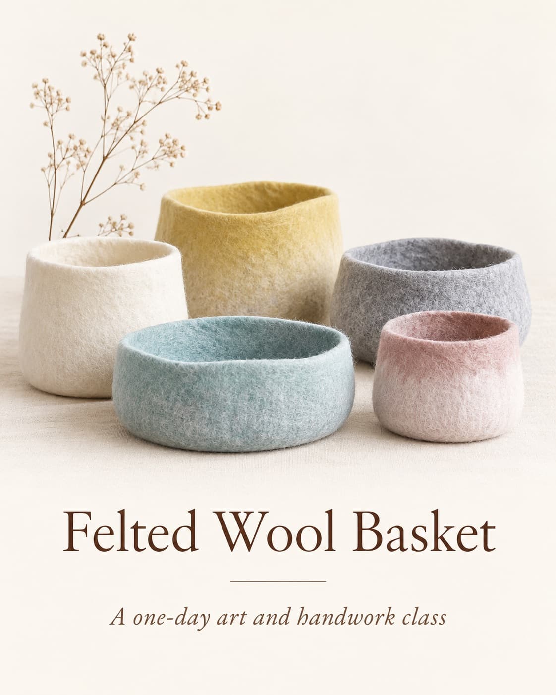 Five soft wet-felted wool bowls in cream, yellow, grey, blue, and pink