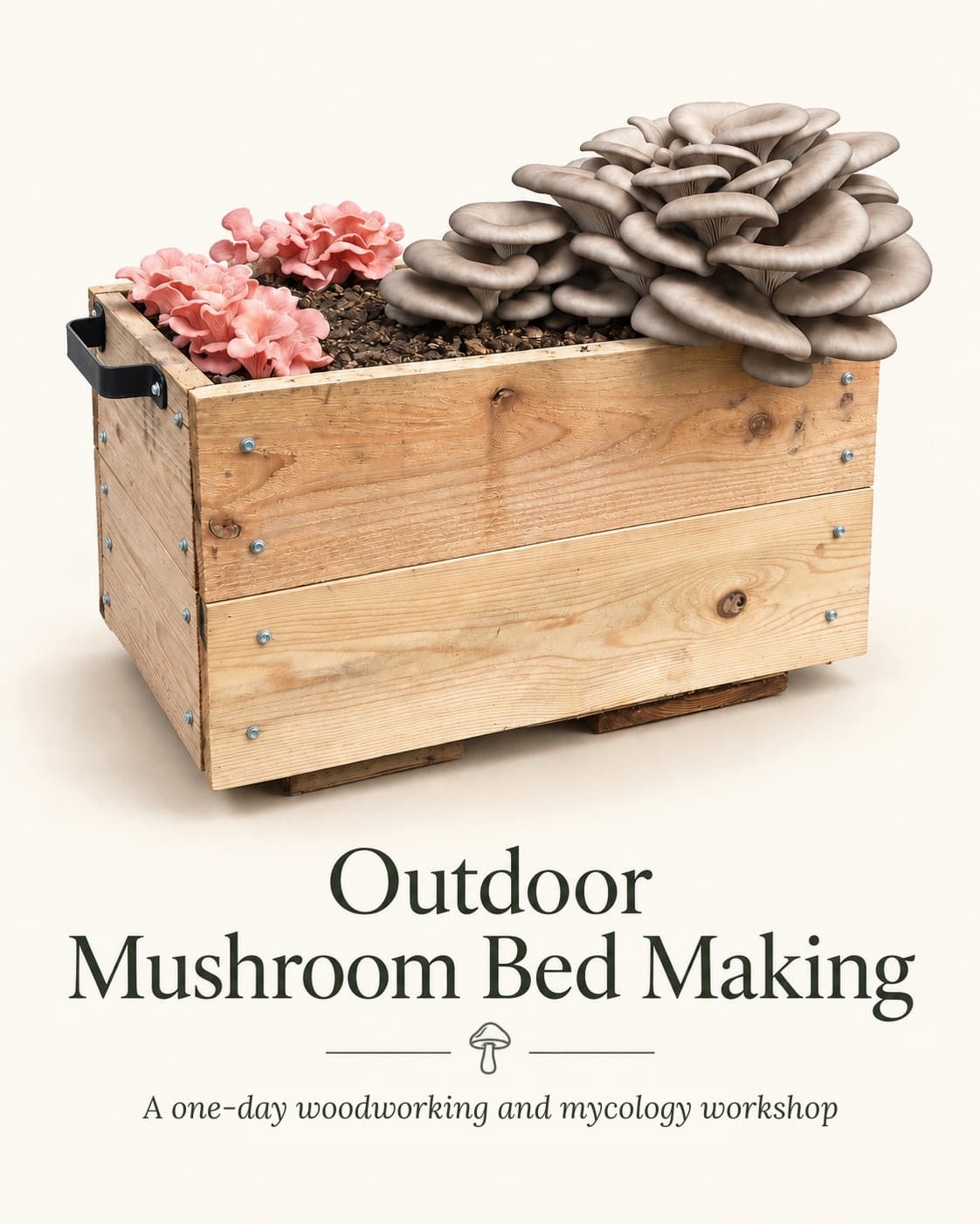A wooden mushroom bed planted with pink and grey oyster mushrooms growing out of wood chips