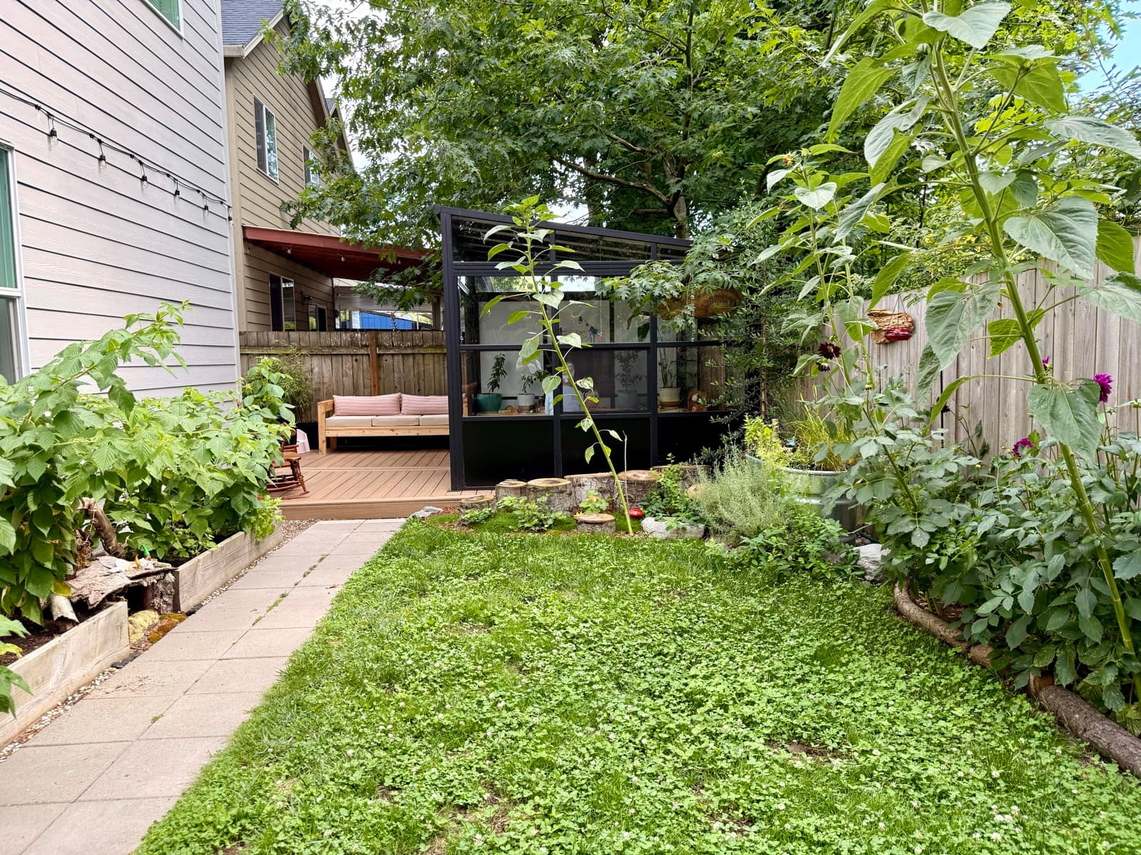 A peaceful garden path leading to the glass studio
