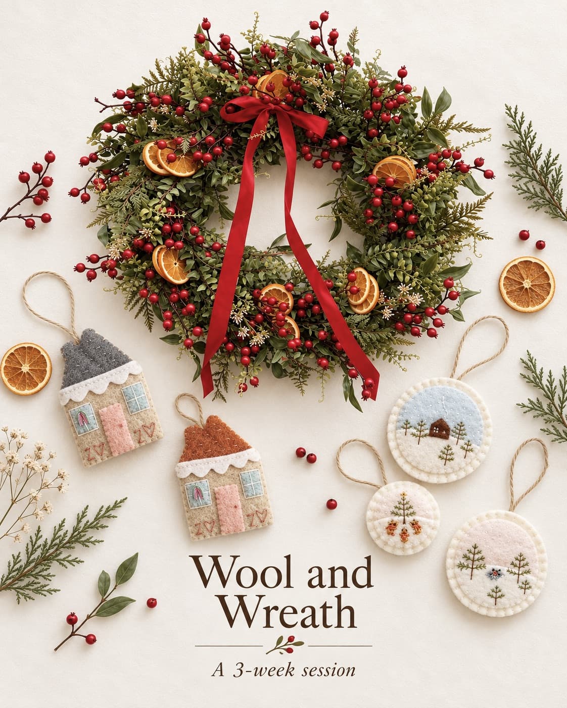 A berry and citrus wreath with red ribbon, above felted house and snow-scene ornaments, under the words Wool and Wreath, a 3-week session