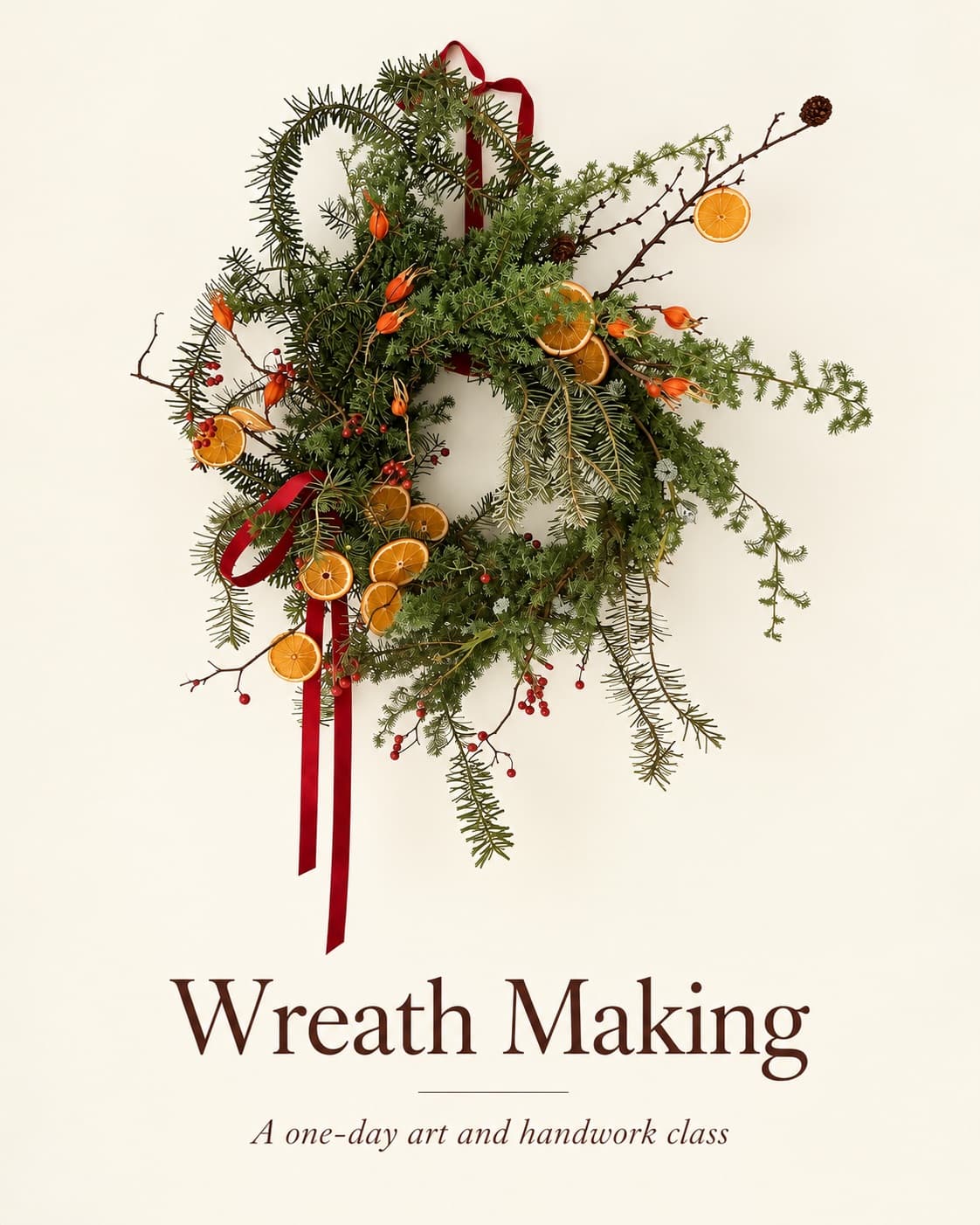An evergreen wreath with dried orange slices, red berries, and a deep red ribbon